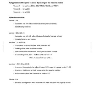 May include: A page from a technical manual, titled "SECTION 55 - ELECTRICAL SYSTEMS - CHAPTER 1". The text details panel versions, version evolution, and specific operational functions, including solenoid valves and harvesting modes.