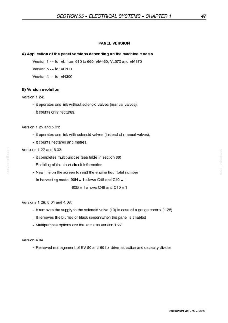 May include: A page from a technical manual, titled "SECTION 55 - ELECTRICAL SYSTEMS - CHAPTER 1". The text details panel versions, version evolution, and specific operational functions, including solenoid valves and harvesting modes.