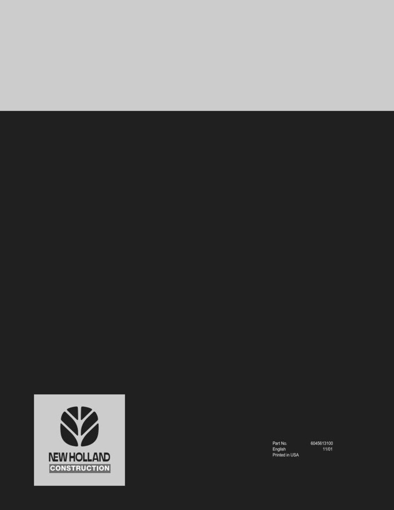 May include: A graphic with the New Holland Construction logo, a stylized leaf design within a square, on a black background. The text "NEW HOLLAND CONSTRUCTION" is below the logo. Additional text includes "Part No. 6045613100", "English", and "Printed in USA 11/01".