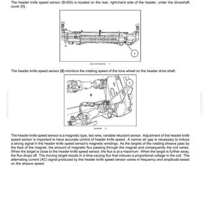 May include: Diagram of a header knife speed sensor, a component of a cutting or knife speed system. The image includes detailed illustrations of the sensor's location and function within the machinery, with labels and annotations for clarity. The text provides technical specifications.