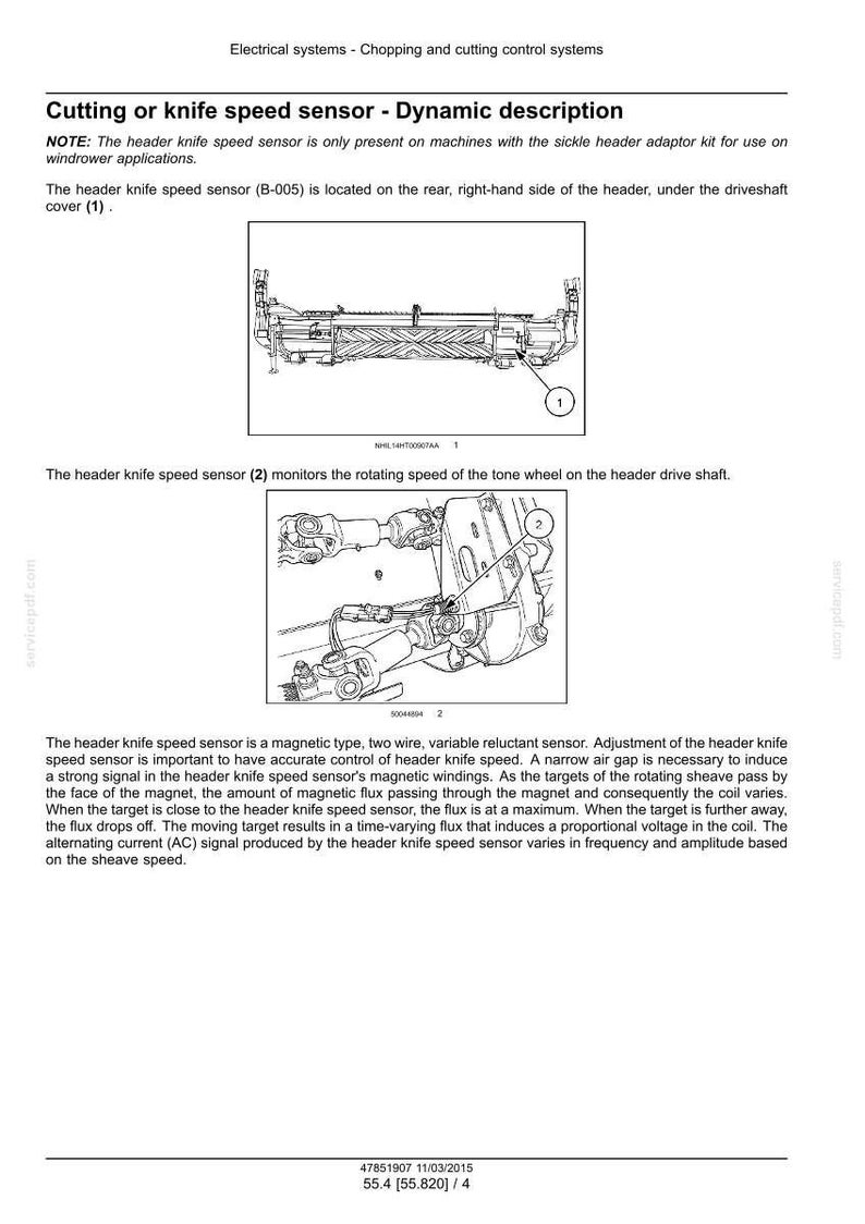 May include: Diagram of a header knife speed sensor, a component of a cutting or knife speed system. The image includes detailed illustrations of the sensor's location and function within the machinery, with labels and annotations for clarity. The text provides technical specifications.