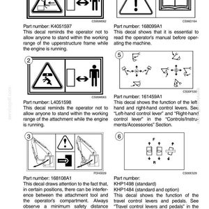 May include: A manual page featuring safety decals and hand signals. The decals display warning symbols, machinery diagrams, and text. The text provides instructions and safety information for operating machinery.