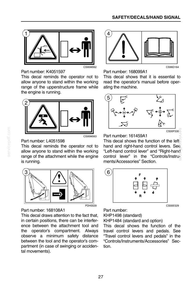 May include: A manual page featuring safety decals and hand signals. The decals display warning symbols, machinery diagrams, and text. The text provides instructions and safety information for operating machinery.