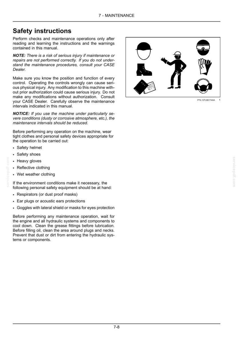 May include: A page from a manual with the title "7 - MAINTENANCE" and safety instructions. The image includes icons of safety equipment such as a helmet, boots, gloves, and ear protection. The text emphasizes the importance of following safety procedures.