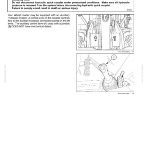 May include: Diagram of a wheel loader's auxiliary hydraulic connection system. The image includes a warning about escaping fluid and instructions for safe disconnection. It shows a control lever and joystick.
