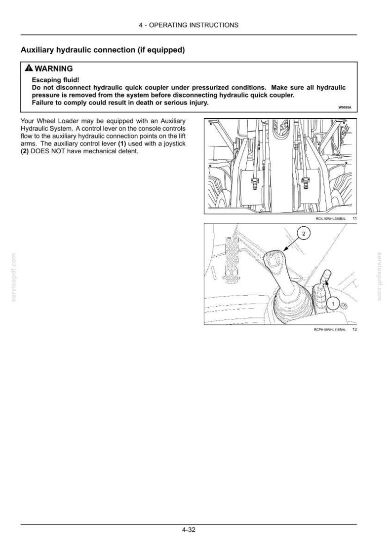 May include: Diagram of a wheel loader's auxiliary hydraulic connection system. The image includes a warning about escaping fluid and instructions for safe disconnection. It shows a control lever and joystick.