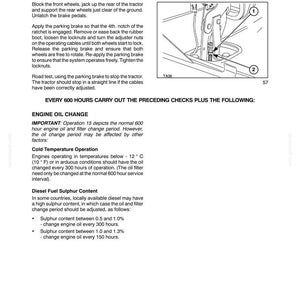 Może przedstawiać: Strona z instrukcji technicznej zatytułowana SECTION 4 - LUBRICATION AND MAINTENANCE, zawierająca instrukcje dla OPERATION 14 ADJUST PARKING BRAKE. Zawiera czarno-biały rysunek liniowy mechanicznego zespołu hamulcowego z ponumerowanymi etykietami 1 i 2.