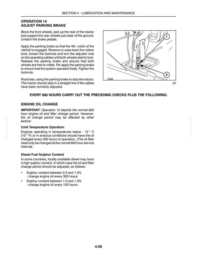 Może przedstawiać: Strona z instrukcji technicznej zatytułowana SECTION 4 - LUBRICATION AND MAINTENANCE, zawierająca instrukcje dla OPERATION 14 ADJUST PARKING BRAKE. Zawiera czarno-biały rysunek liniowy mechanicznego zespołu hamulcowego z ponumerowanymi etykietami 1 i 2.