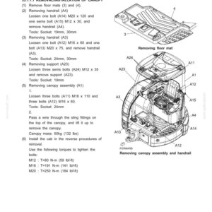May include: Diagram of a vehicle canopy removal and installation process. The image includes exploded views of components, labeled with part numbers and measurements in inches and pounds. Text provides step-by-step instructions for disassembly and reassembly.