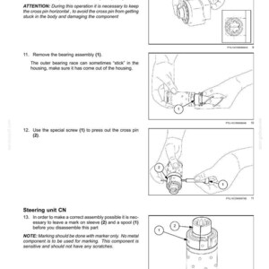 May include: Diagram of hydraulic control components for steering. Instructions include removing the spool/sleeve assembly, bearing assembly, and cross pin. The text also mentions marking the sleeve and spool before disassembly.