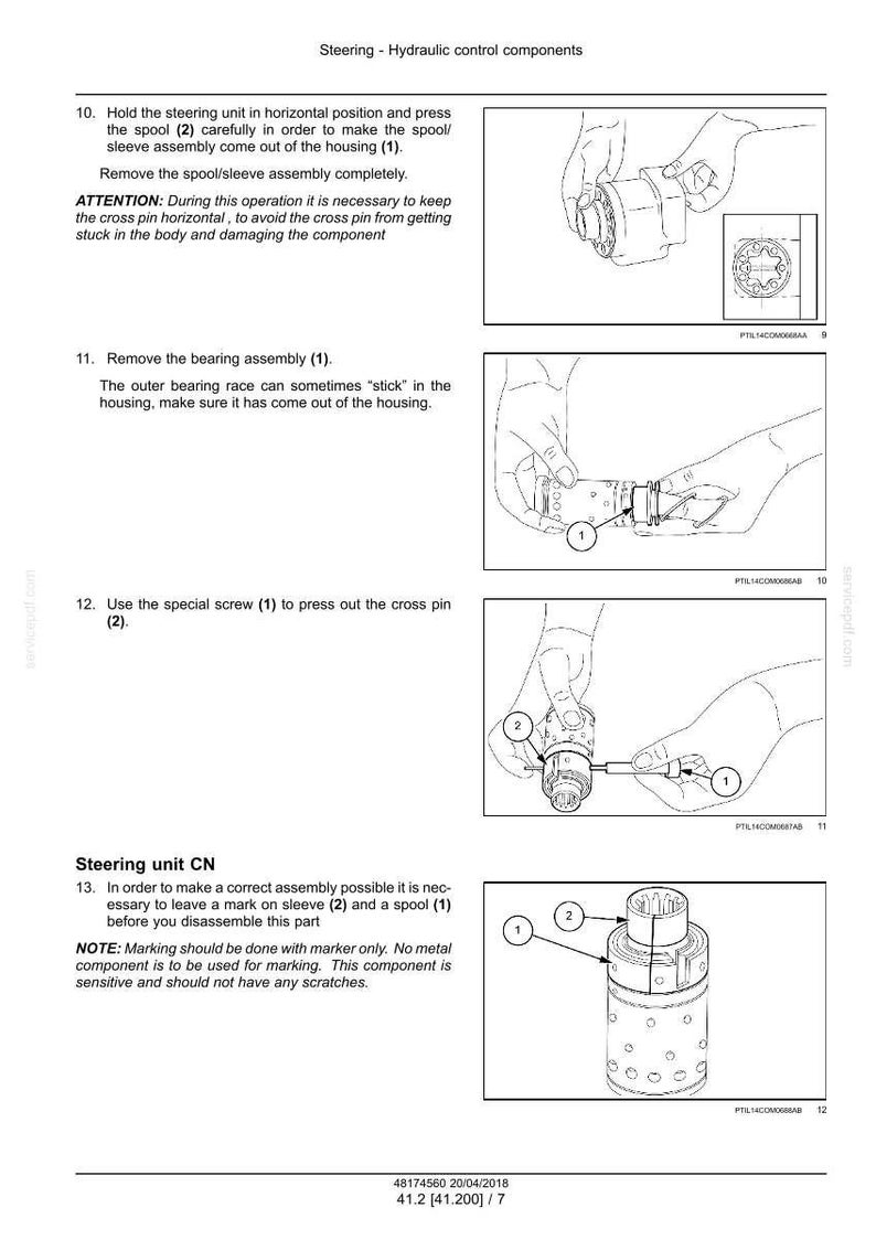 May include: Diagram of hydraulic control components for steering. Instructions include removing the spool/sleeve assembly, bearing assembly, and cross pin. The text also mentions marking the sleeve and spool before disassembly.