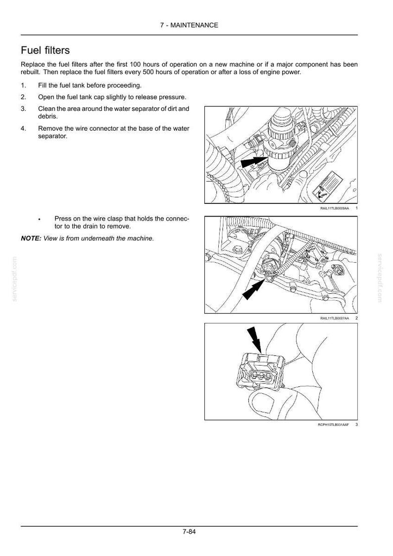 May include: Diagram of fuel filter maintenance instructions. The image shows steps for replacing fuel filters, including filling the fuel tank, opening the fuel tank cap, cleaning the area, and removing the wire connector. Text includes "Fuel filters" and "7 - MAINTENANCE."