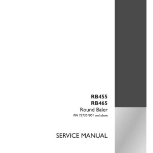 May include: A white service manual with the text "RB455 RB465 Round Baler" and "SERVICE MANUAL" in black. The manual includes the part number 47915813 and the Case IH Agriculture logo. The cover is white with a gray border.