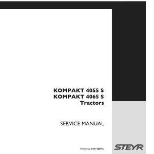 K&ouml;nnte beinhalten: Ein wei&szlig;es Wartungshandbuch f&uuml;r Steyr Kompakt 4055 S und Kompakt 4065 S Traktoren. Der Text lautet KOMPAKT 4055 S, KOMPAKT 4065 S Tractors, SERVICE MANUAL und Print No. 84419887A. Das Design umfasst einen schwarzen oberen Rand und einen grauen Seitenstreifen.
