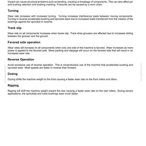 May include: A white document with the title "6 - WORKING OPERATIONS" and several paragraphs detailing impact, turning, track slip, favored side operation, reverse operation, dozing, and ripping. The document includes the page number 6-16.