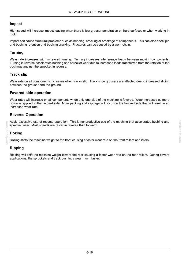 May include: A white document with the title "6 - WORKING OPERATIONS" and several paragraphs detailing impact, turning, track slip, favored side operation, reverse operation, dozing, and ripping. The document includes the page number 6-16.