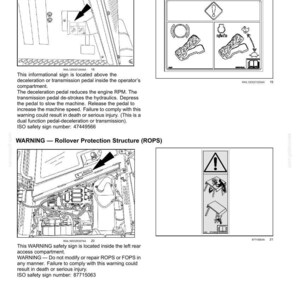 May include: Diagrams and safety information for machinery, including deceleration pedal instructions and rollover protection warnings. Includes text and symbols for safe operation, with ISO safety sign numbers.