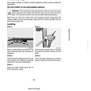 May include: A page from an operating manual with the title "TRANSPORTING THE MACHINE." The manual details safety instructions and loading procedures for a machine onto a trailer, including illustrations and warnings.