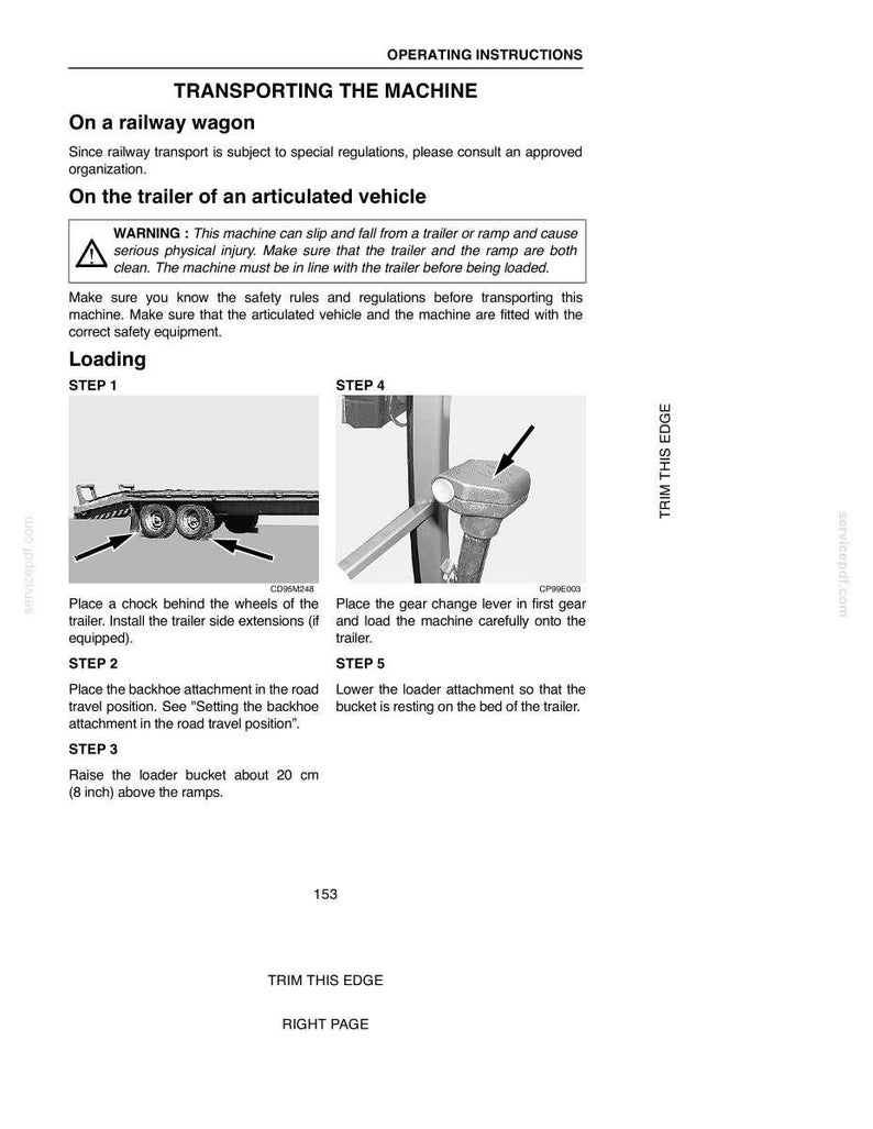 May include: A page from an operating manual with the title "TRANSPORTING THE MACHINE." The manual details safety instructions and loading procedures for a machine onto a trailer, including illustrations and warnings.