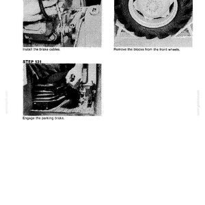 May include: A manual page with three black and white images illustrating vehicle maintenance steps. The images show installing brake cables, removing wheel blocks, and engaging the parking brake. Text includes "STEP 130", "STEP 132", and "STEP 131".