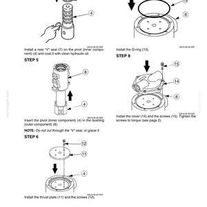 May include: A technical diagram labeled 8018-7 showing assembly steps 4 through 8 for mechanical components. It illustrates installing a V-seal on a pivot, inserting the pivot into a bushing, attaching a thrust plate with screws, and installing an O-ring and cover.