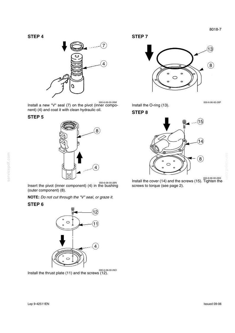 May include: A technical diagram labeled 8018-7 showing assembly steps 4 through 8 for mechanical components. It illustrates installing a V-seal on a pivot, inserting the pivot into a bushing, attaching a thrust plate with screws, and installing an O-ring and cover.