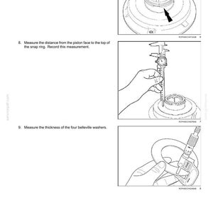 May include: Technical diagram showing steps for automotive brake repair. Includes illustrations of reinstalling a snap ring, measuring distance with a caliper, and measuring washer thickness with a micrometer. Text includes instructions and part numbers.