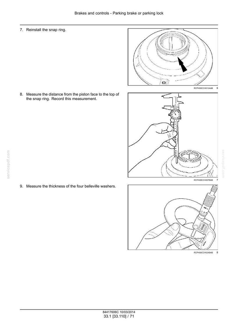 May include: Technical diagram showing steps for automotive brake repair. Includes illustrations of reinstalling a snap ring, measuring distance with a caliper, and measuring washer thickness with a micrometer. Text includes instructions and part numbers.