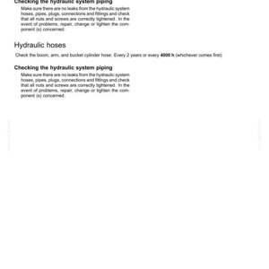 May include: A white page with the heading "6 - MAINTENANCE" and text detailing maintenance checks for hydraulic systems, including hoses and piping. The text advises checking for leaks and tightening nuts and screws.