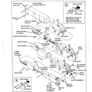May include: Detailed exploded view diagram of a DROTT Cruz-Crane mechanical system. The diagram includes labels for various components such as wear blocks, pins, cylinders, and support assemblies. The image is a technical illustration.