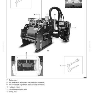 May include: Diagram of a black and gray industrial machine with labeled components. Includes a cutter drum, hydraulic motor, and tool removal spanners. The diagram also shows a transversal tilt signal light and a spring jack.