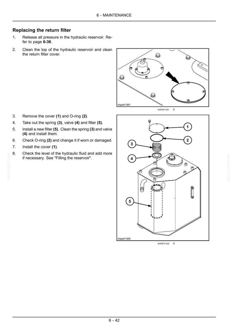 May include: Diagram of hydraulic reservoir maintenance, including steps for replacing the return filter. The image shows a detailed breakdown of components like the cover, O-ring, spring, valve, and filter, with numbered labels for each part.