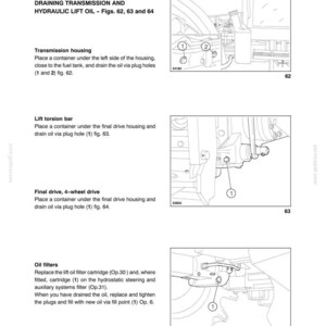 Peut inclure: Une page de manuel technique intitul&eacute;e LUBRICATION AND MAINTENANCE OPERATION 51, pr&eacute;sentant trois dessins au trait en noir et blanc &eacute;tiquet&eacute;s 62, 63 et 64. Ces sch&eacute;mas illustrent le processus de vidange de l'huile de transmission et de relevage.