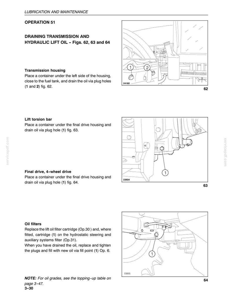 Peut inclure: Une page de manuel technique intitul&eacute;e LUBRICATION AND MAINTENANCE OPERATION 51, pr&eacute;sentant trois dessins au trait en noir et blanc &eacute;tiquet&eacute;s 62, 63 et 64. Ces sch&eacute;mas illustrent le processus de vidange de l'huile de transmission et de relevage.