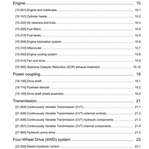 May include: A page from a manual titled "Contents" with a list of engine and transmission components. The text includes sections on the engine, power coupling, transmission, and four-wheel drive system. The document is dated 22/02/2018.