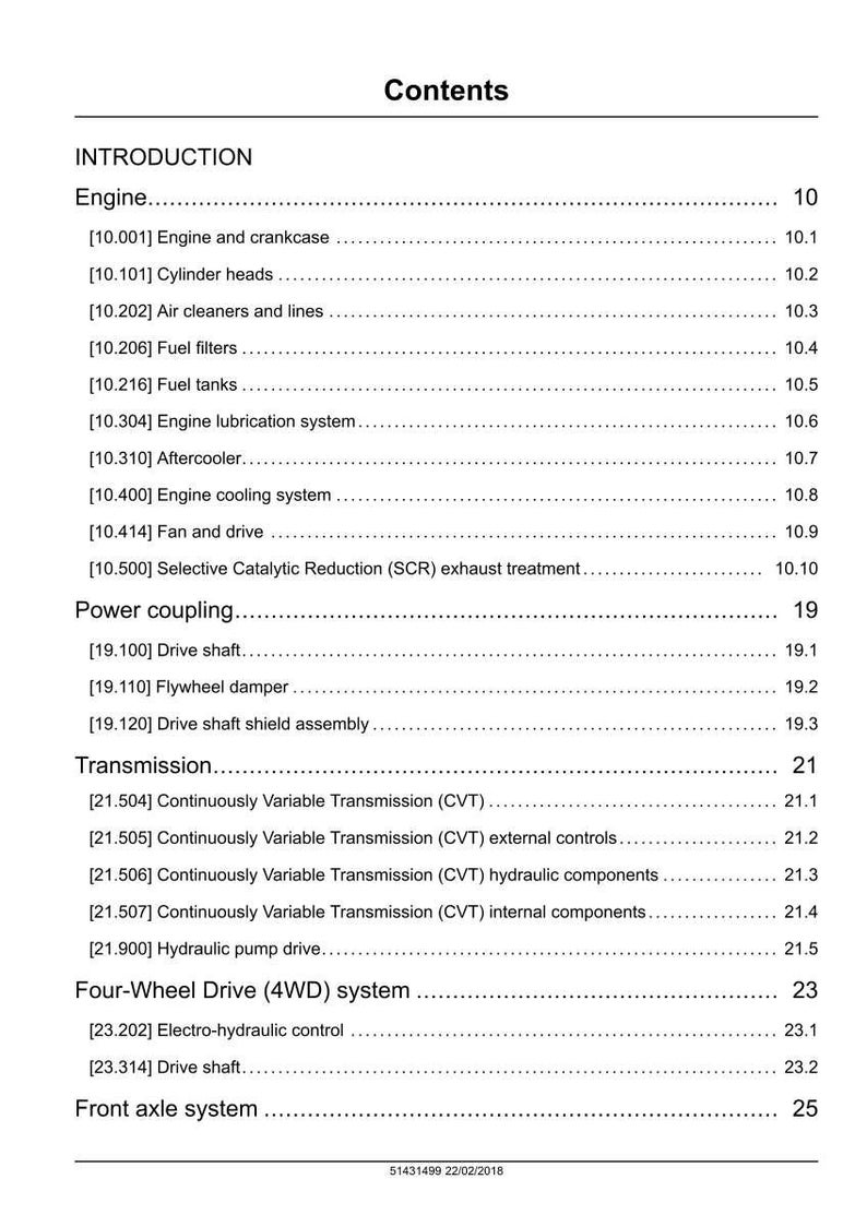 May include: A page from a manual titled "Contents" with a list of engine and transmission components. The text includes sections on the engine, power coupling, transmission, and four-wheel drive system. The document is dated 22/02/2018.