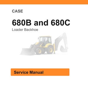 Peut inclure: Couverture de manuel de service pour CASE 680B et 680C Loader Backhoe. L'image pr&eacute;sente une illustration de chargeuse-pelleteuse jaune et noire. Le texte "CASE" est en haut, avec "Service Manual" dans un encadr&eacute; orange.