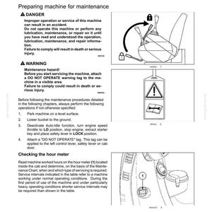 May include: A technical manual page titled 7-MAINTENANCE, featuring black and white line drawings. It includes instructions for preparing a machine for maintenance, a warning tag illustration, and a diagram showing the location of an hour meter.