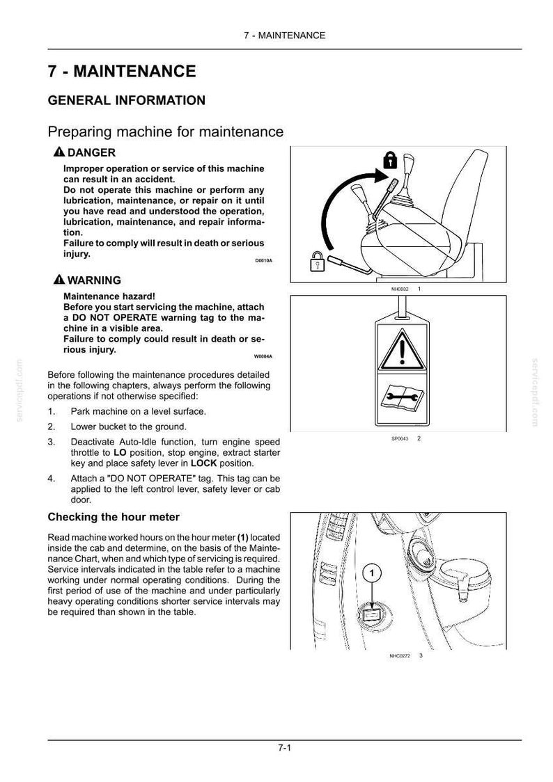 May include: A technical manual page titled 7-MAINTENANCE, featuring black and white line drawings. It includes instructions for preparing a machine for maintenance, a warning tag illustration, and a diagram showing the location of an hour meter.