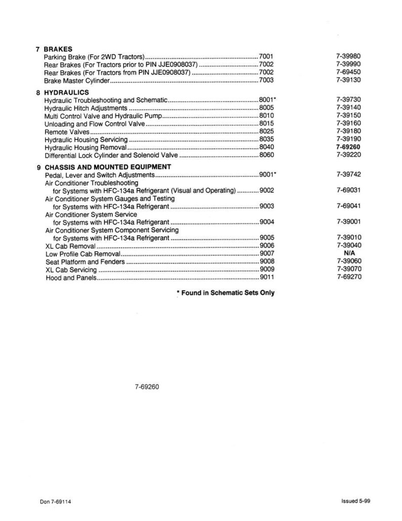 May include: A detailed parts list for a tractor, featuring sections on brakes, hydraulics, and chassis components. The document includes part numbers and descriptions, with a focus on air conditioning and hydraulic systems. The document is dated 5-99.
