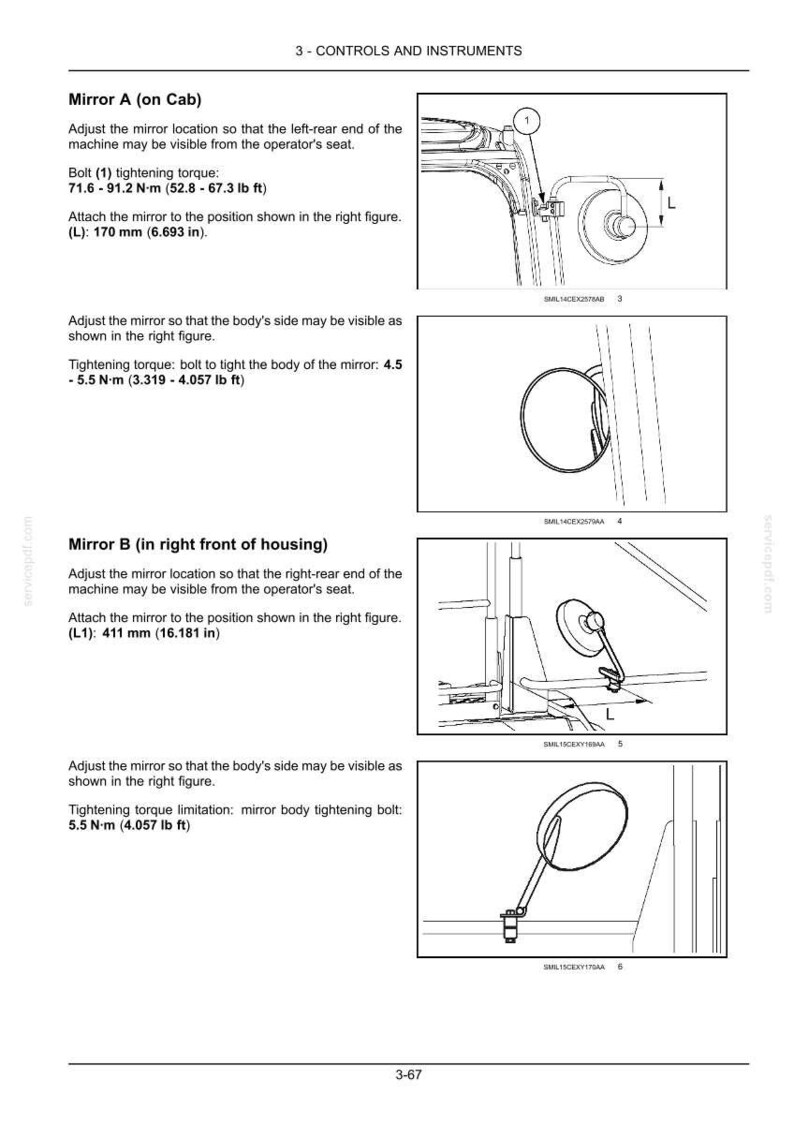 May include: Diagram of a vehicle's controls and instruments, including mirrors. Mirror A's attachment point is 6.693 inches. Mirror B's attachment point is 16.181 inches. The image includes torque specifications for bolts.