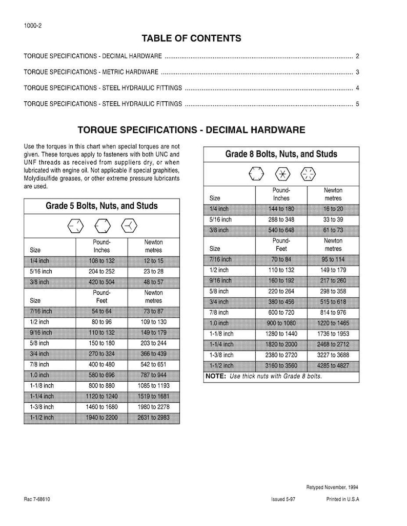 Puede incluir: Un documento t&eacute;cnico con tablas que detallan las especificaciones de par para hardware decimal, incluidos pernos, tuercas y esp&aacute;rragos de grado 5 y grado 8. Las medidas est&aacute;n en pulgadas y libras-pie, con los valores correspondientes en Newton-metros.
