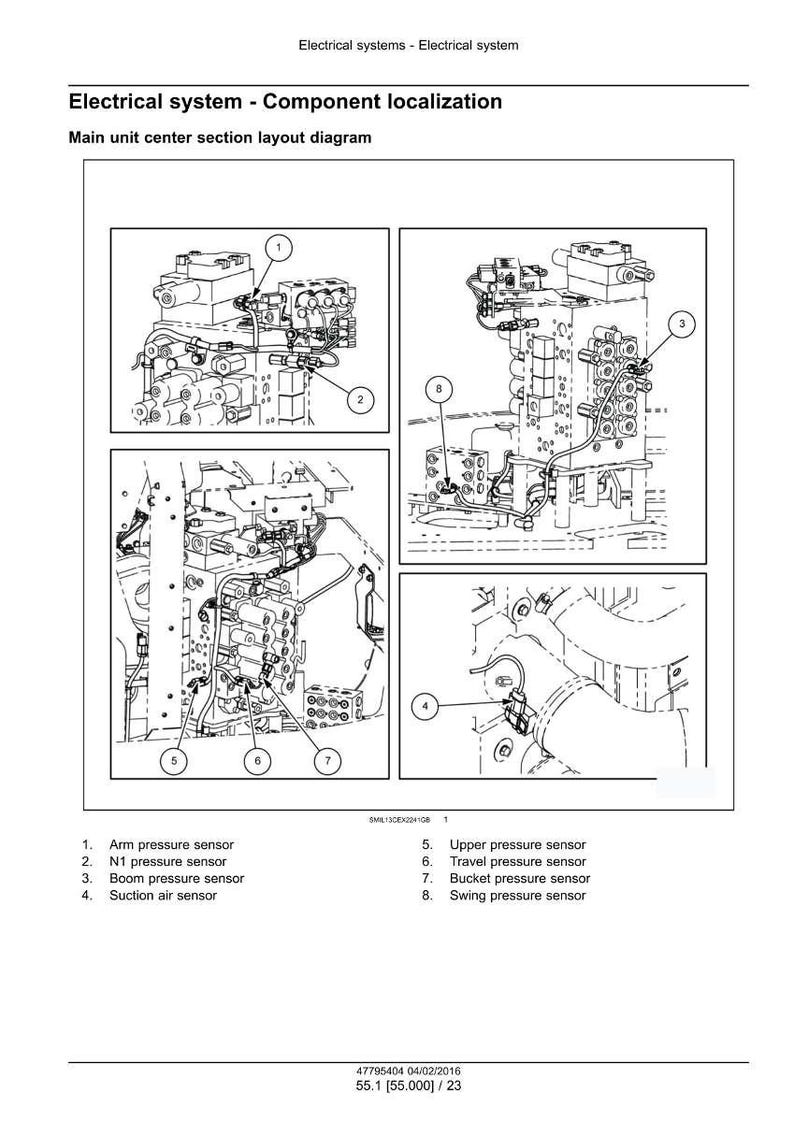 Op de afbeelding: Diagram van componentlokalisatie van een elektrisch systeem, met gedetailleerde illustraties van de lay-out van het hoofdunit-middensectie. Inclusief labels voor sensoren zoals arm-, N1-, giek-, aanzuiglucht-, boven-, reis-, emmer- en zwenkdruksensoren.