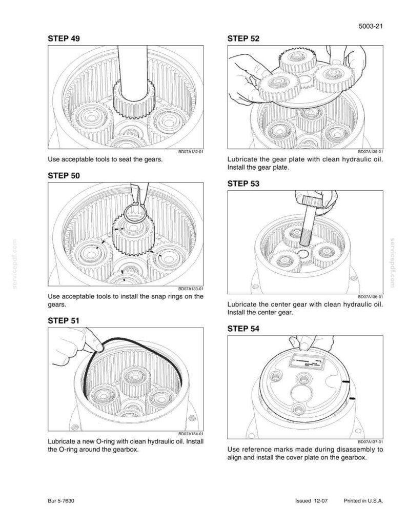 May include: A technical diagram with step-by-step instructions for assembling a gearbox. The black and white illustrations show the process of installing gears, O-rings, and cover plates. Text includes instructions and part numbers.