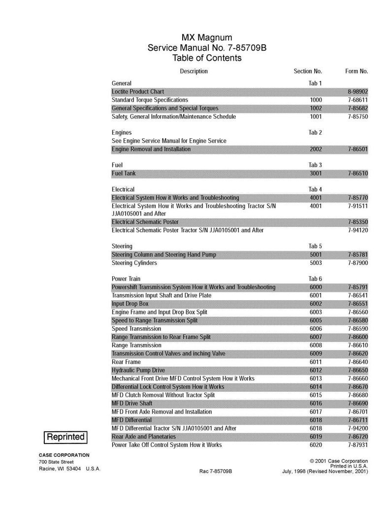 May include: MX Magnum service manual table of contents. Lists sections for engines, fuel, electrical, steering, and power train. Includes a reprint notice and Case Corporation information.