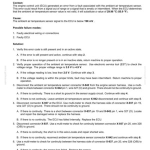 May include: Document detailing fault codes for an ambient air temperature sensor. The text explains the context, cause, and possible failure modes, along with a step-by-step solution for troubleshooting the issue.