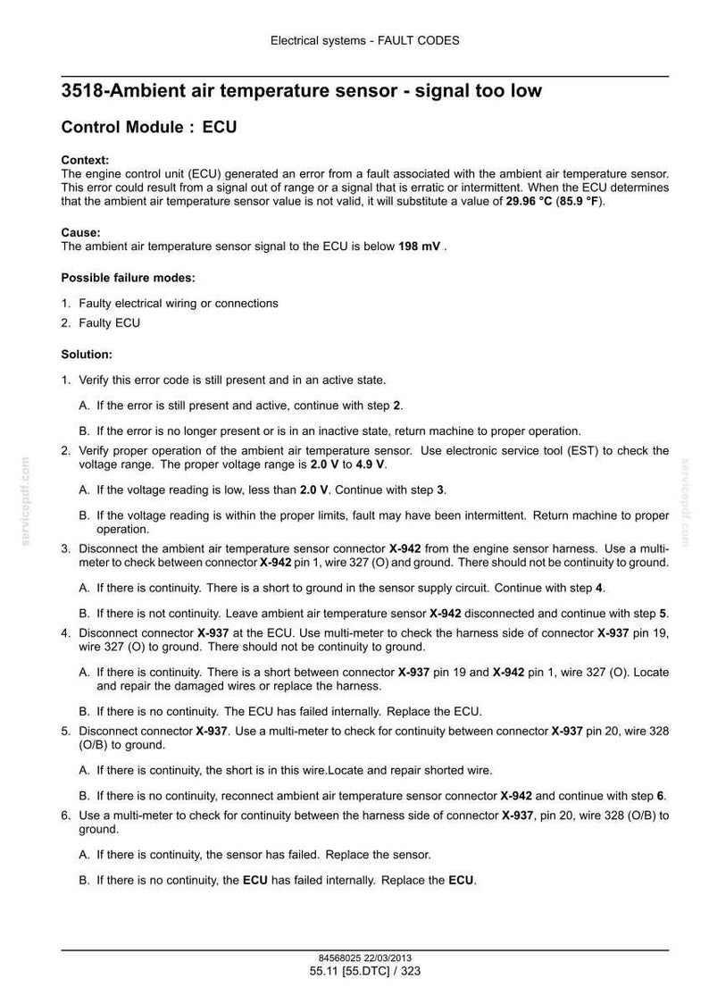 May include: Document detailing fault codes for an ambient air temperature sensor. The text explains the context, cause, and possible failure modes, along with a step-by-step solution for troubleshooting the issue.