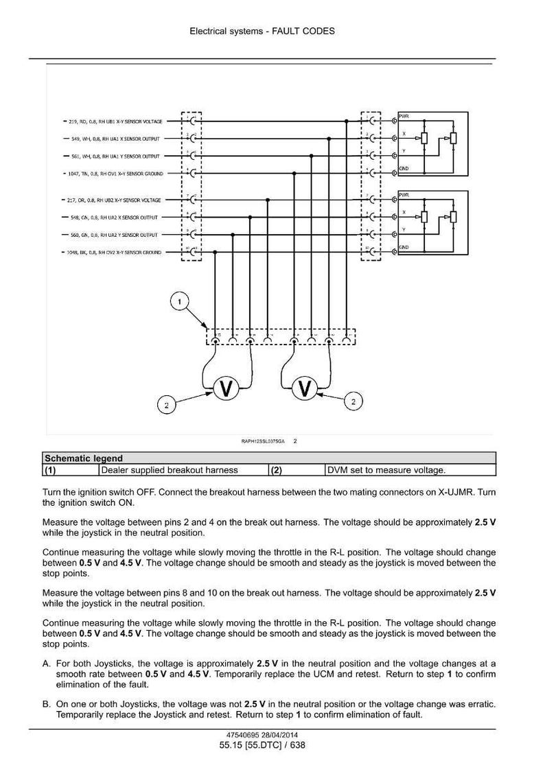 May include: Diagram of electrical system fault codes with wiring schematics, voltage measurements, and a schematic legend. Includes instructions for testing and troubleshooting. The text includes measurements in volts.