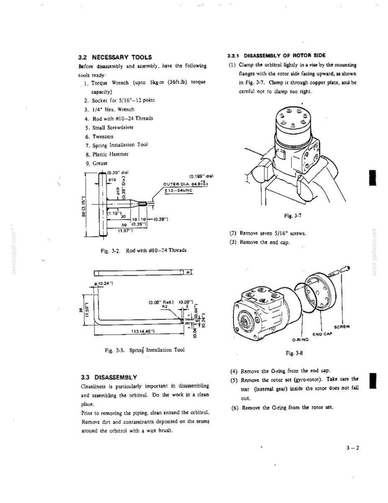 May include: A technical manual page detailing the disassembly of an orbitrol unit. It includes a list of necessary tools, diagrams labeled Fig. 3-2, 3-3, 3-7, and 3-8, and step-by-step instructions for removing screws, end caps, and O-rings.