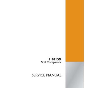 Puede incluir: Un manual de servicio para el compactador de suelo 1107 DX. La portada es blanca con detalles en naranja y gris. El texto incluye "1107 DX Soil Compactor" y "SERVICE MANUAL". El logotipo de Case Construction est&aacute; en la esquina inferior derecha.